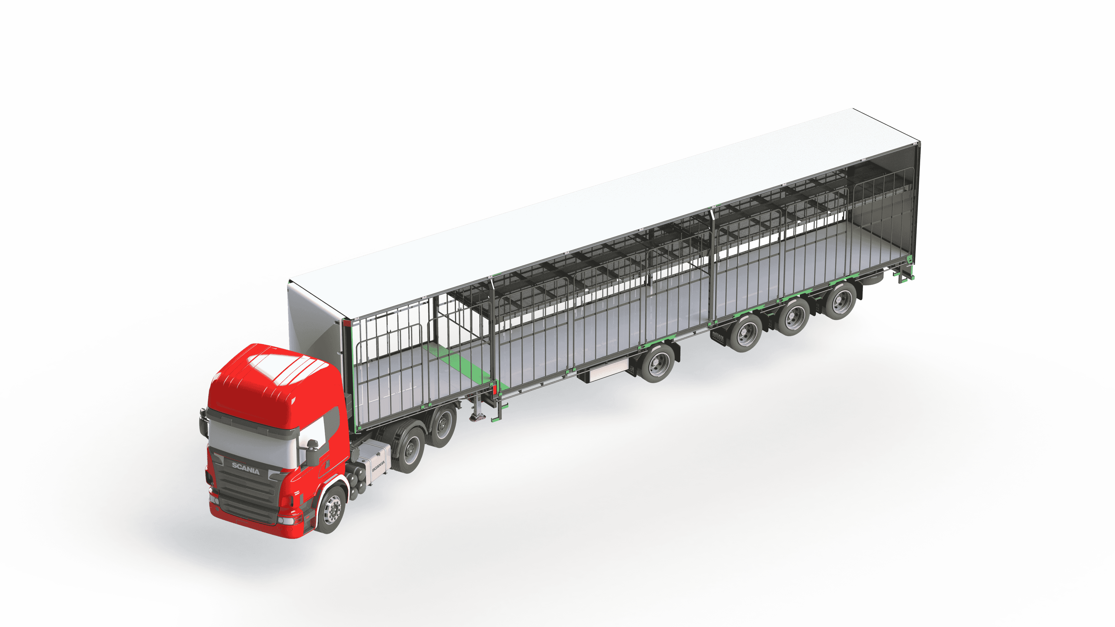 CAD render of a red prime mover and long livestock road-train combination