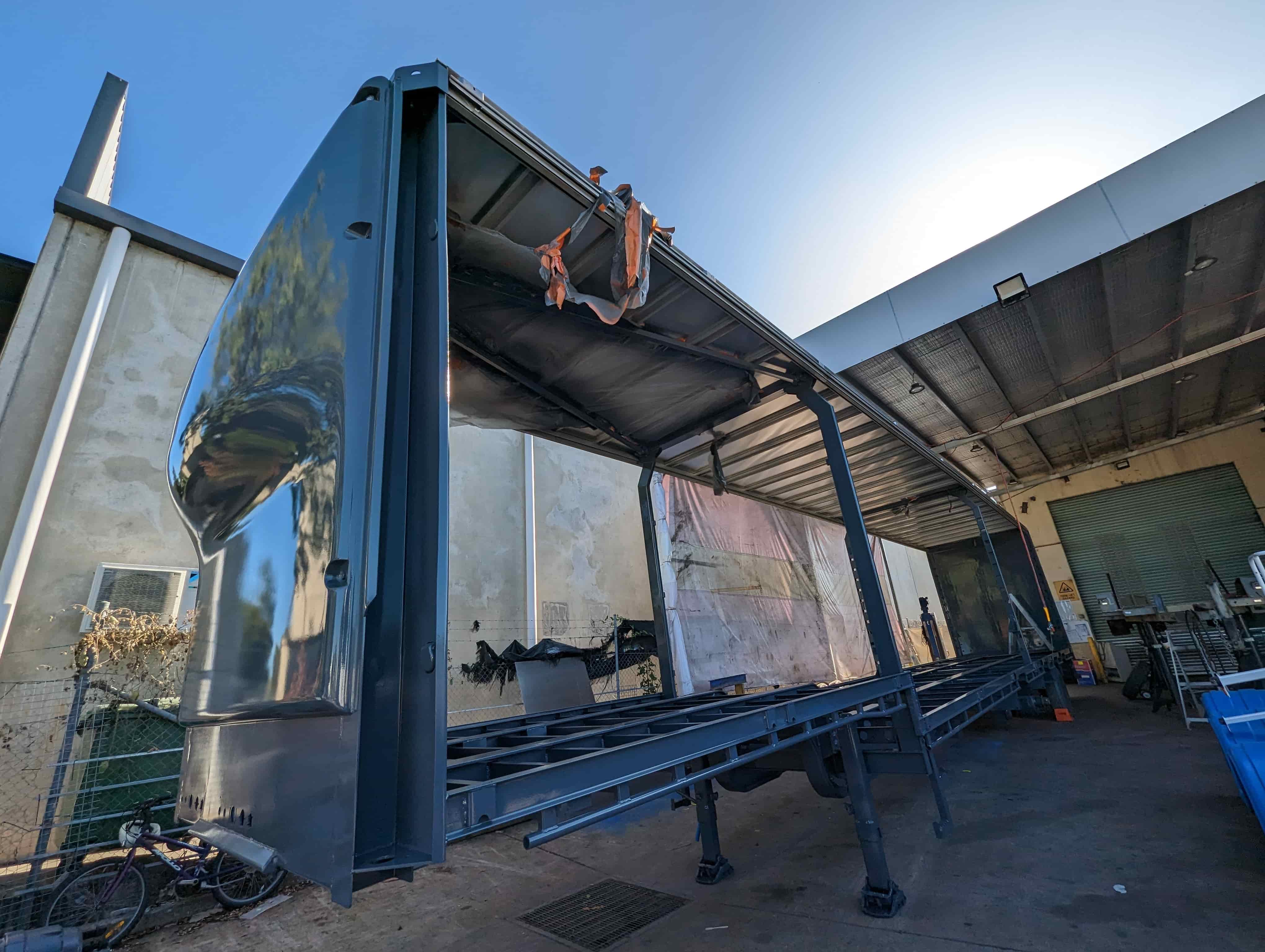 Long livestock trailer frame under construction in the fabrication workshop