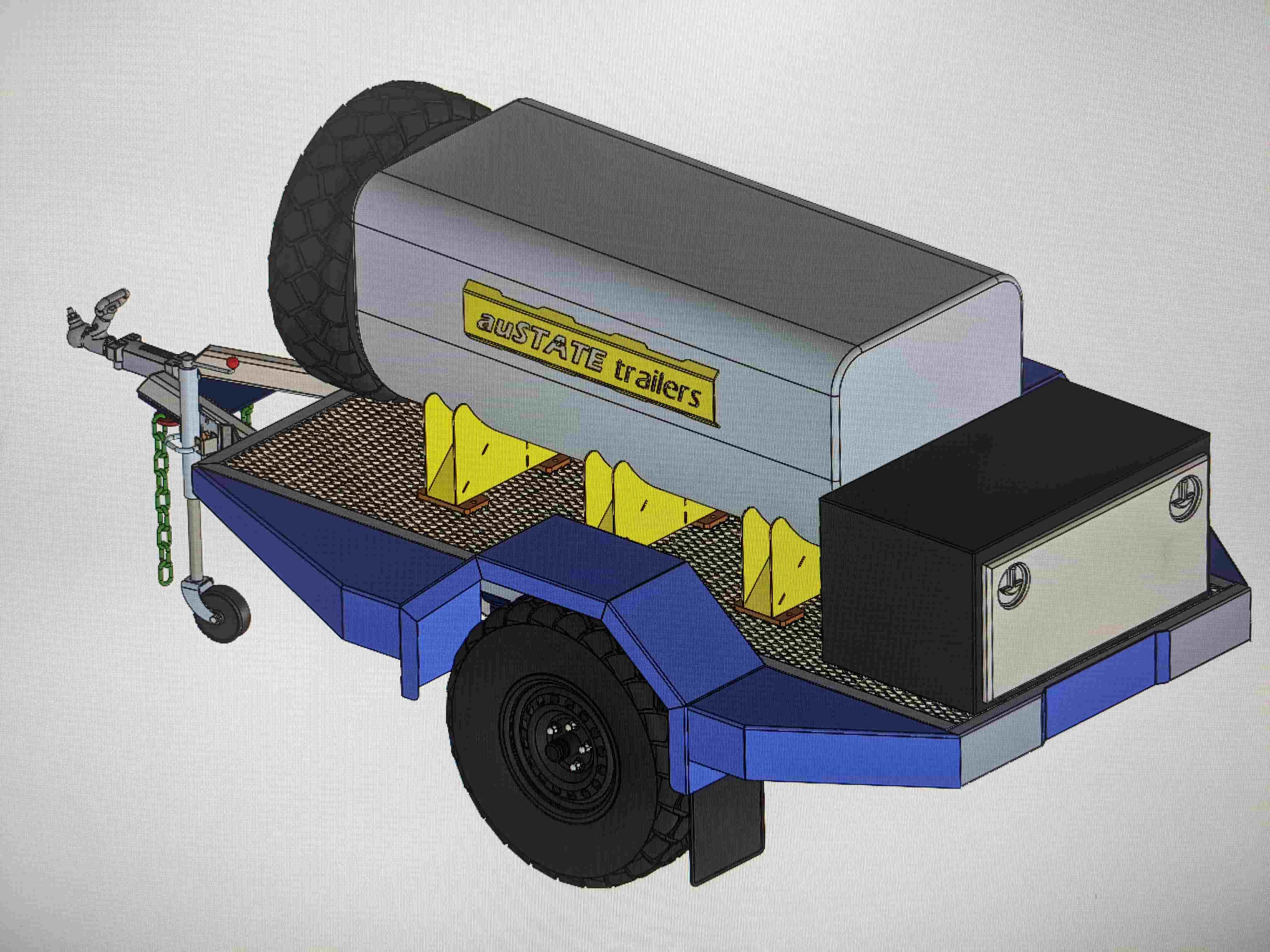 CAD render of a compact off-road utility trailer with enclosed storage boxes