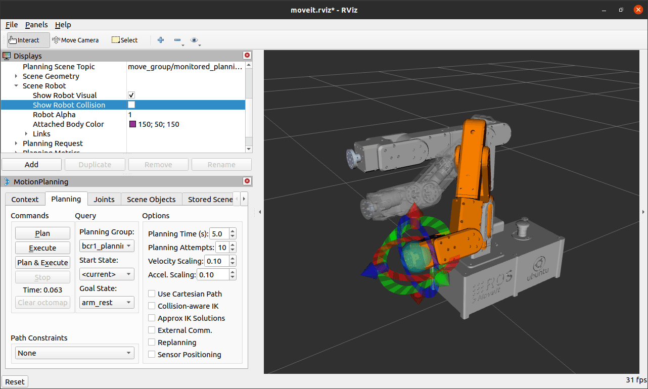 RViz and MoveIt interface displaying a planned motion for the robotic arm