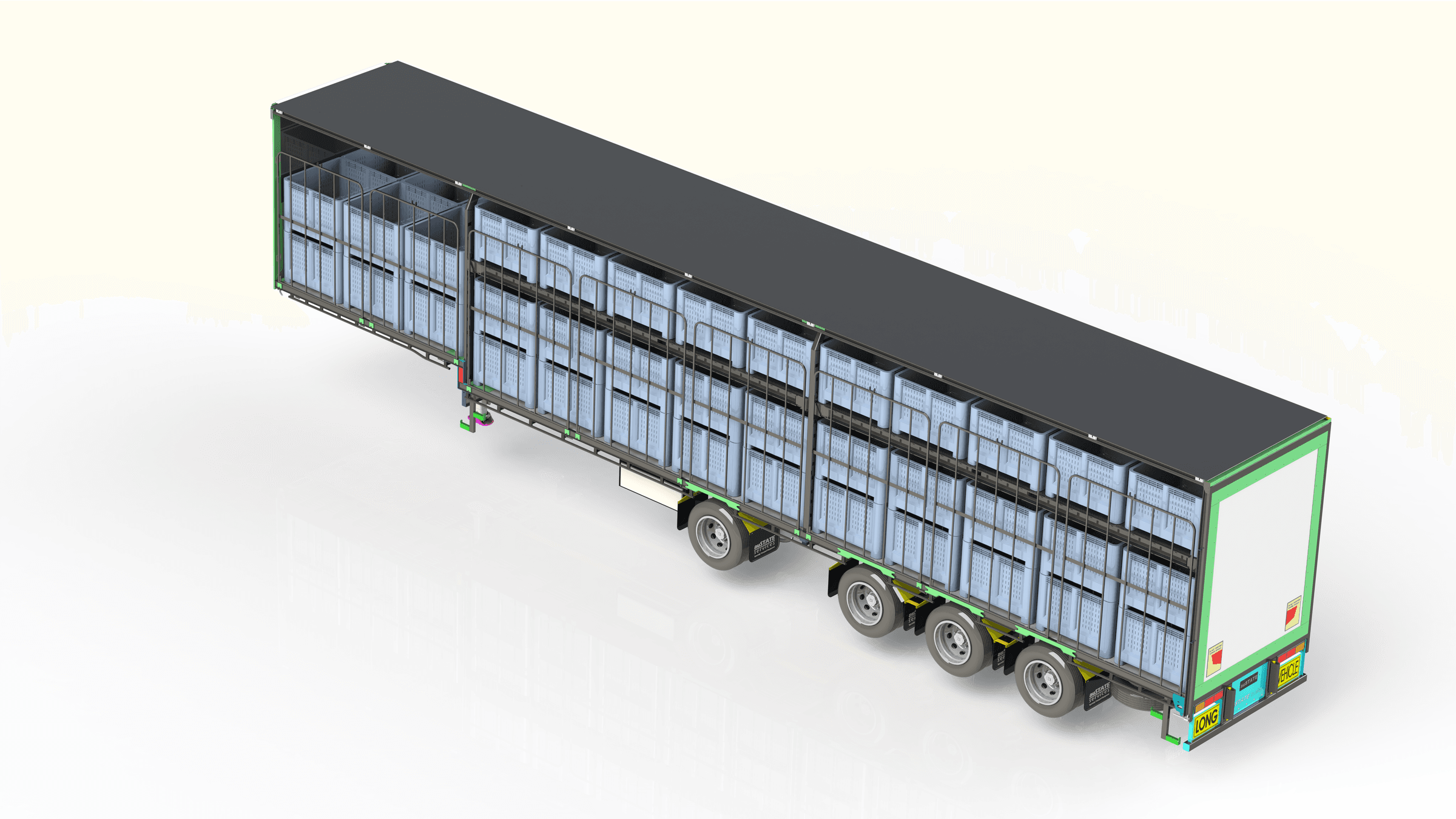Full side CAD render of a livestock and quad-bike transport trailer