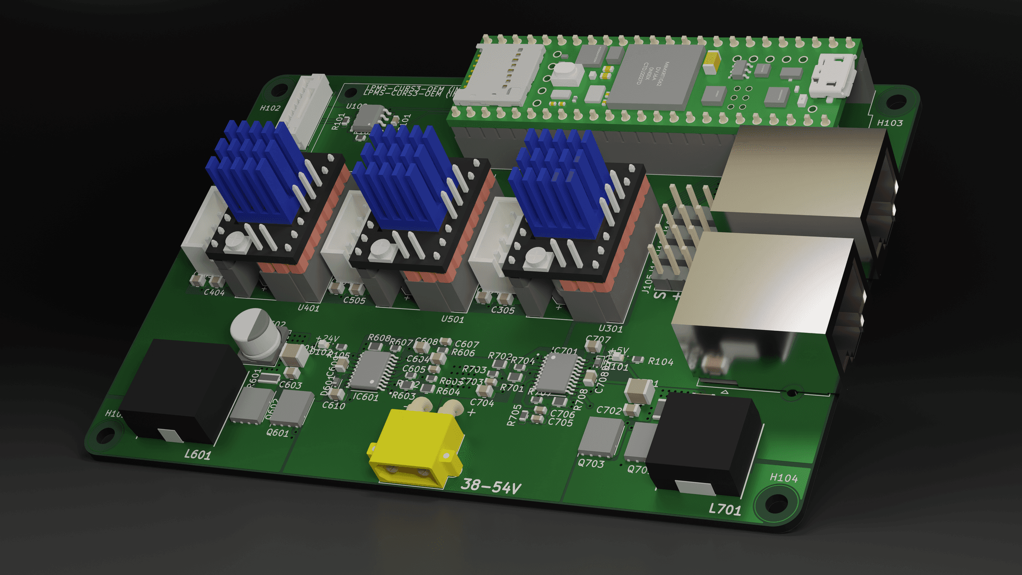 Three-dimensional render of the carrier board component side with its processor, drivers and power interfaces