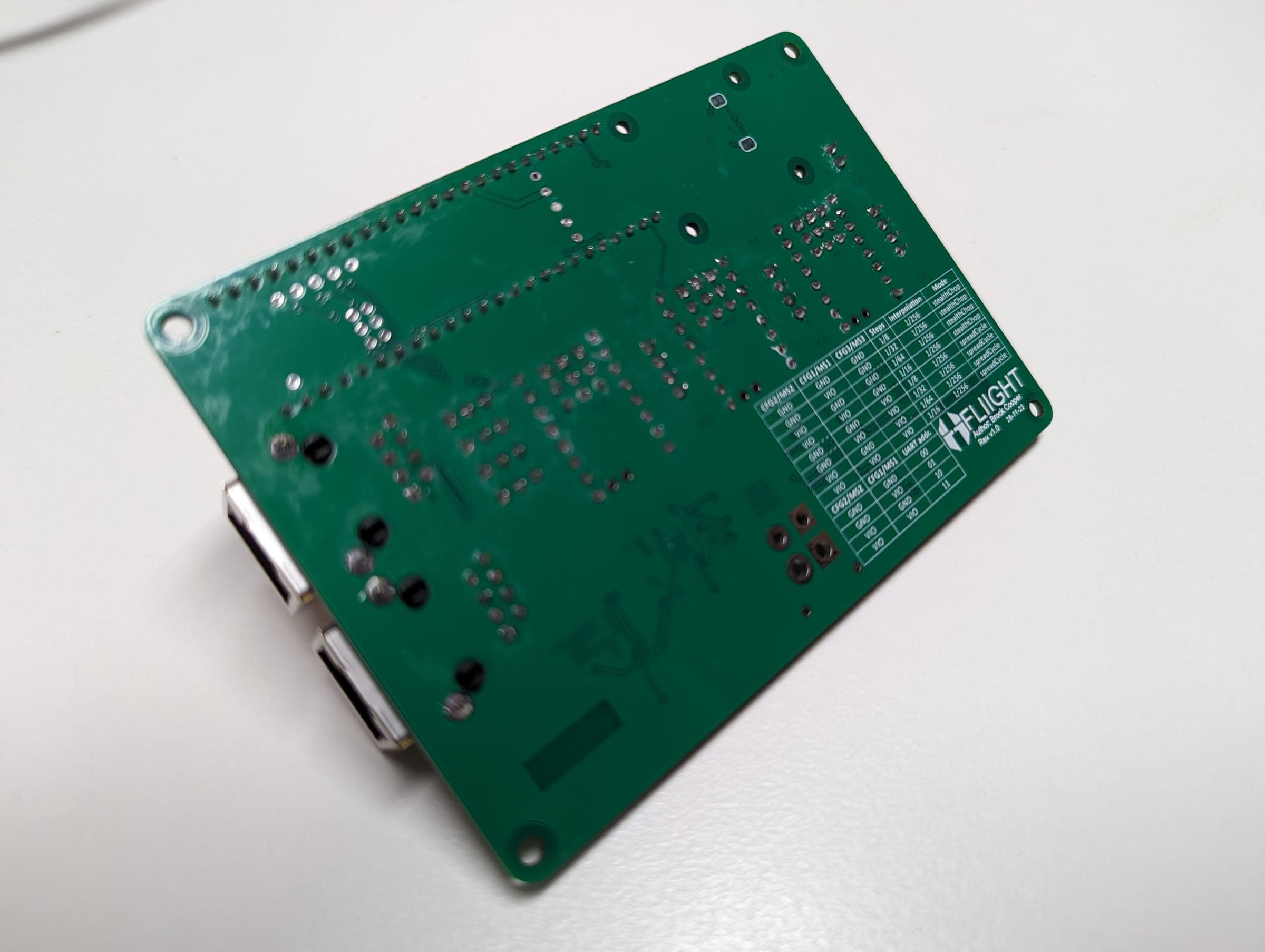 Solder side of the assembled payload carrier board with its configuration reference table
